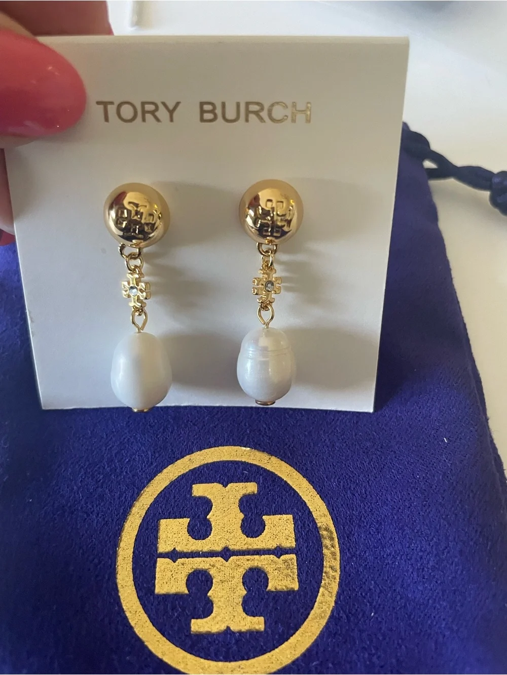 Tory Burch Gold and White Pearl Drop Earrings